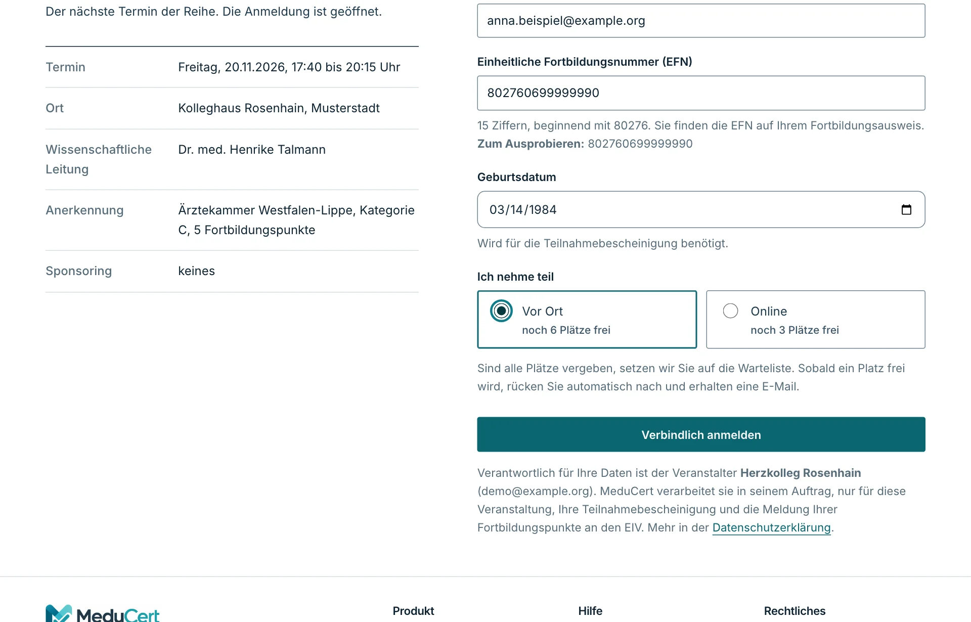 Anmeldeseite einer Veranstaltung mit Feldern für Anrede, Titel, Name, E-Mail und EFN