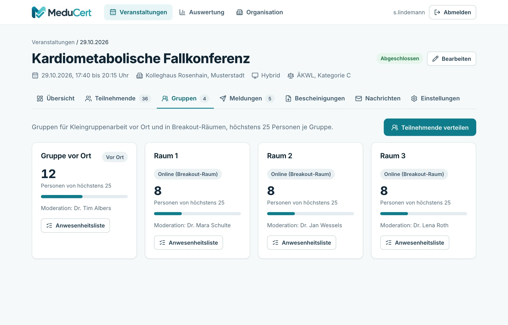 Kleingruppen mit Anzahl der Teilnehmenden und Moderation