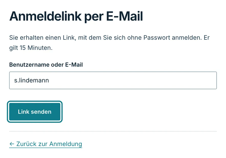 Seite Anmeldelink per E-Mail mit Eingabefeld