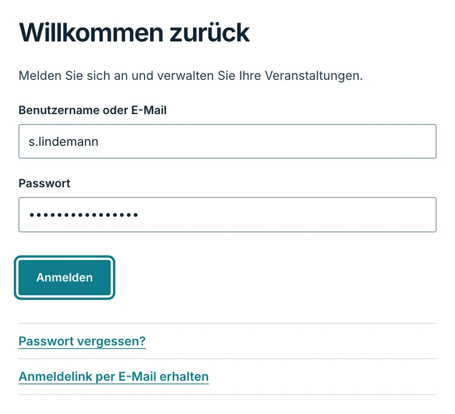 Anmeldeseite mit Feldern für Benutzername oder E-Mail und Passwort