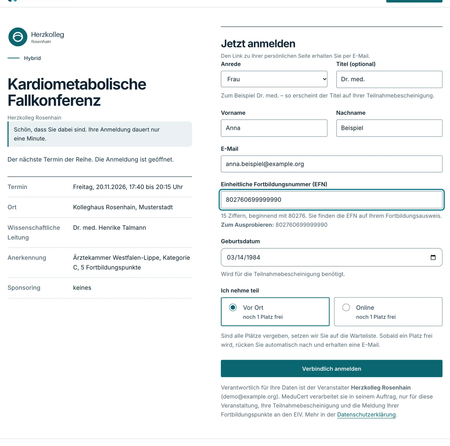 Anmeldeseite einer Veranstaltung mit Termindaten links und Anmeldeformular rechts