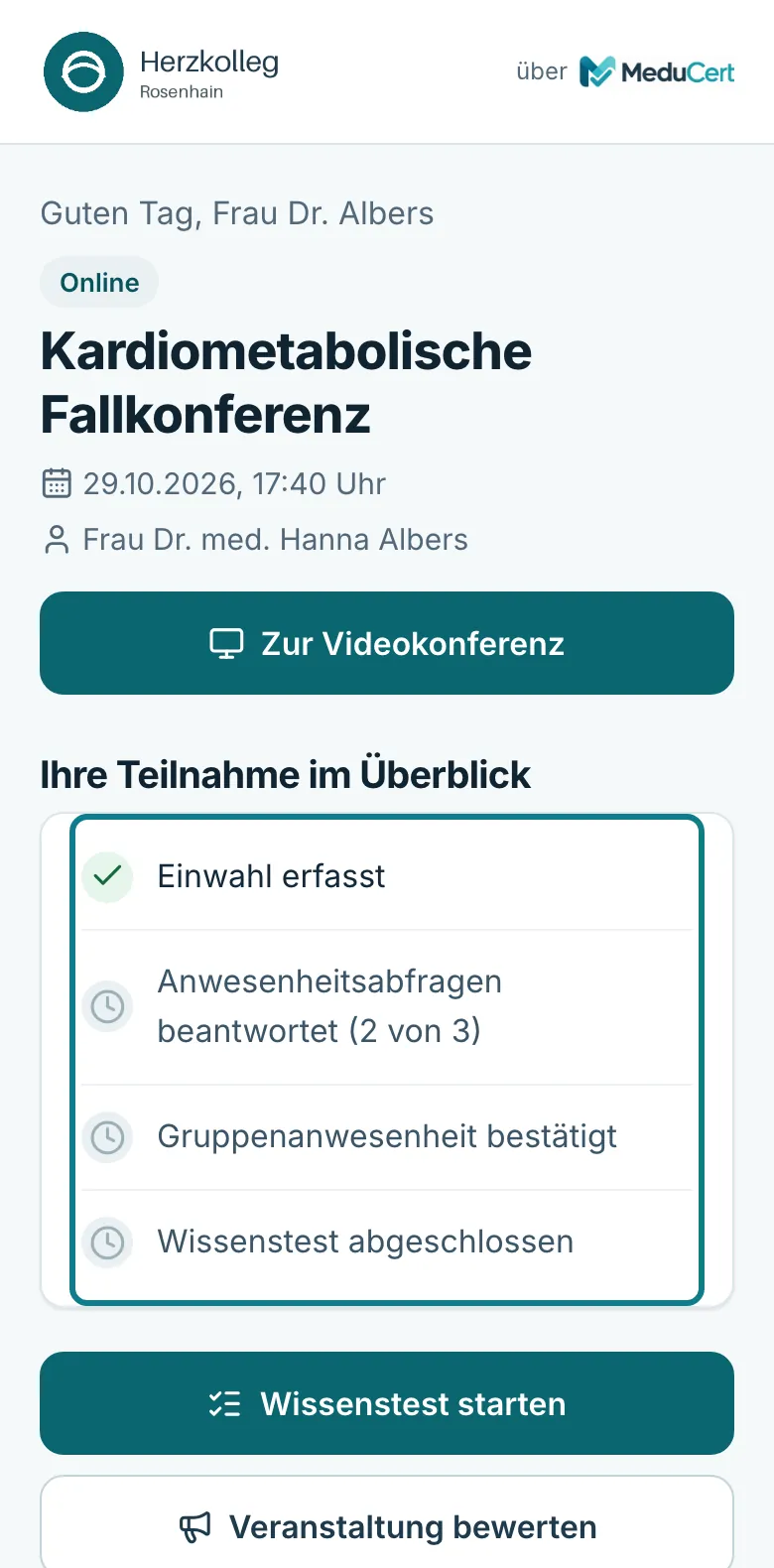 Persönliche Seite mit der Checkliste Ihre Teilnahme im Überblick