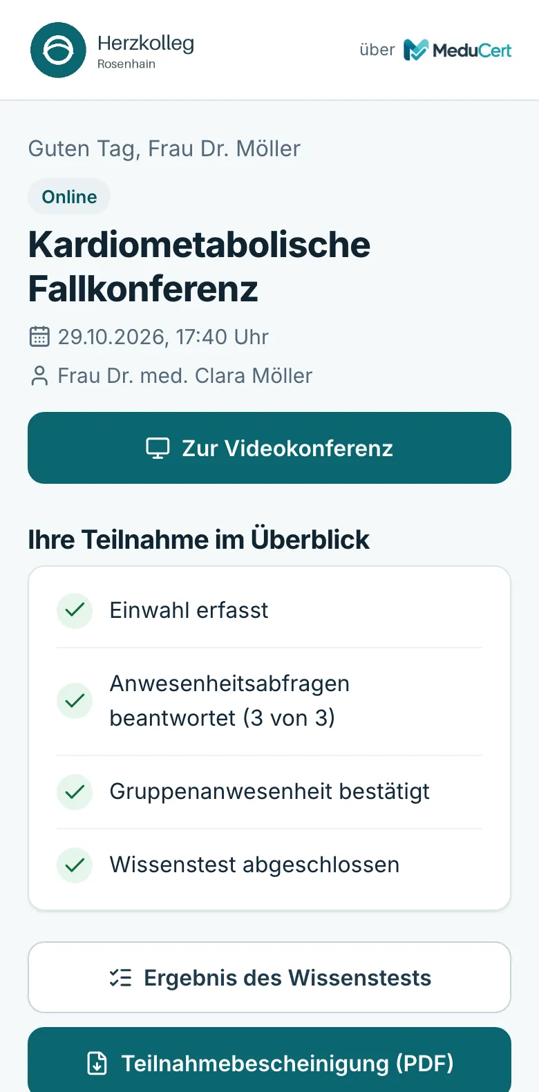 Persönliche Seite mit dem Knopf Zur Videokonferenz und der Checkliste mit Einwahl erfasst
