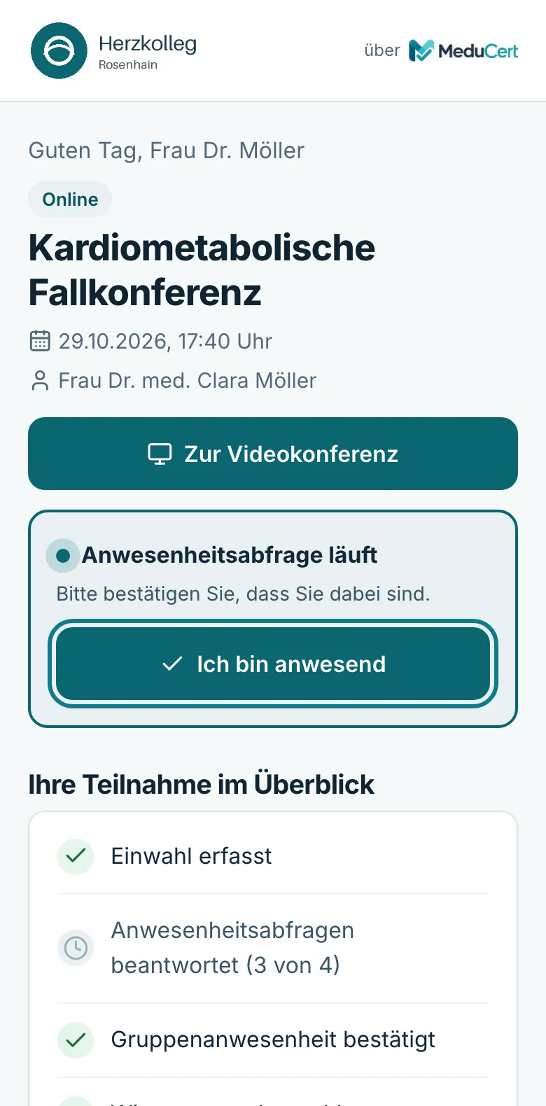 Persönliche Seite mit laufender Anwesenheitsabfrage und dem Knopf Ich bin anwesend