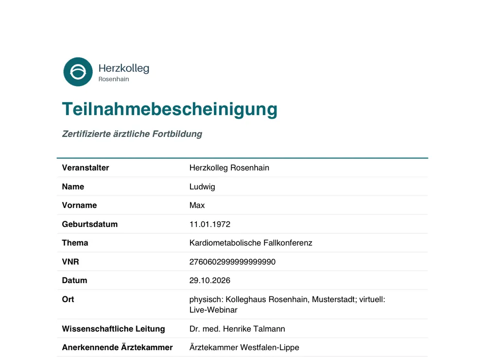 Teilnahmebescheinigung als PDF mit allen Feldern