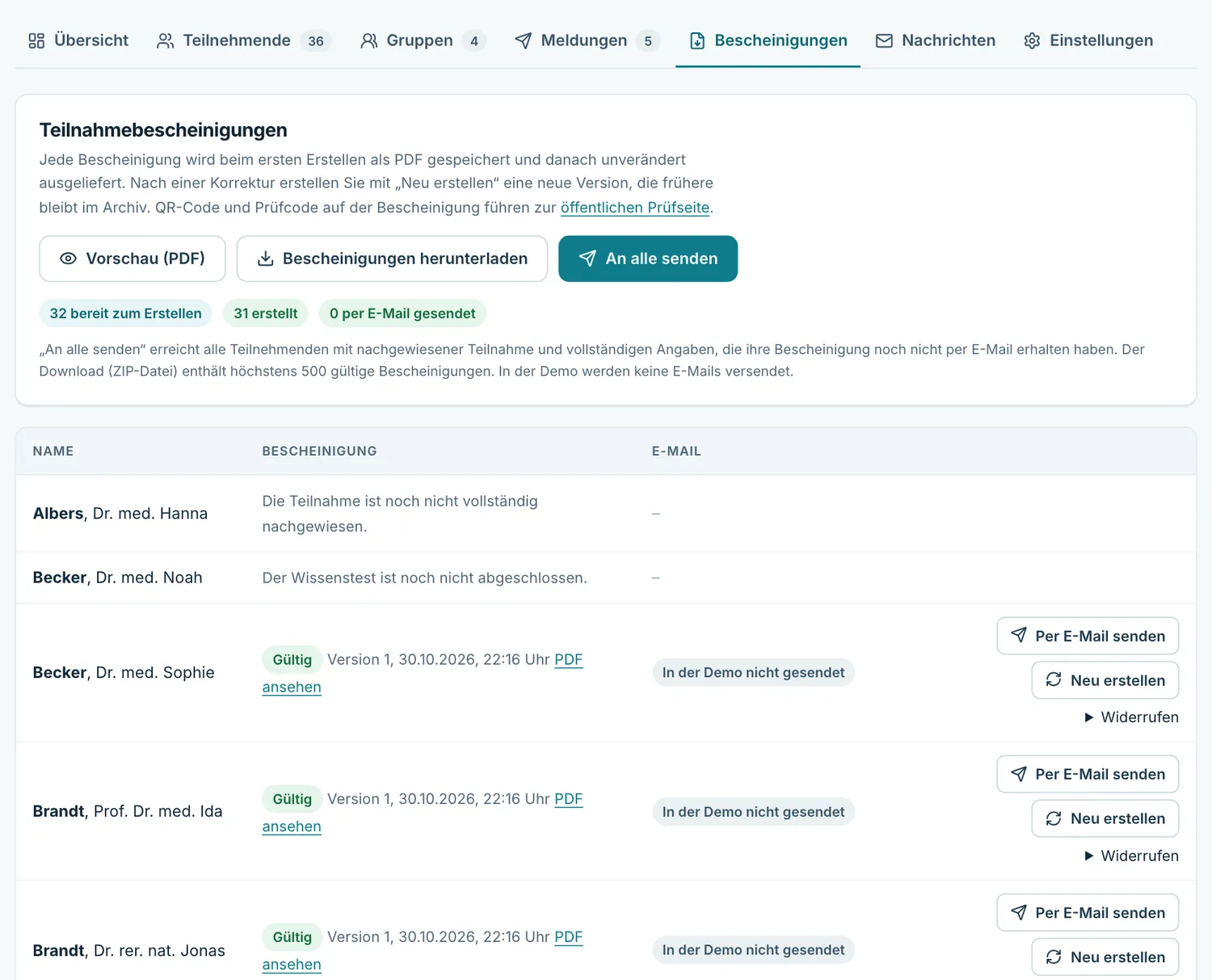Reiter Bescheinigungen mit Liste der Teilnehmenden, Status und Versand