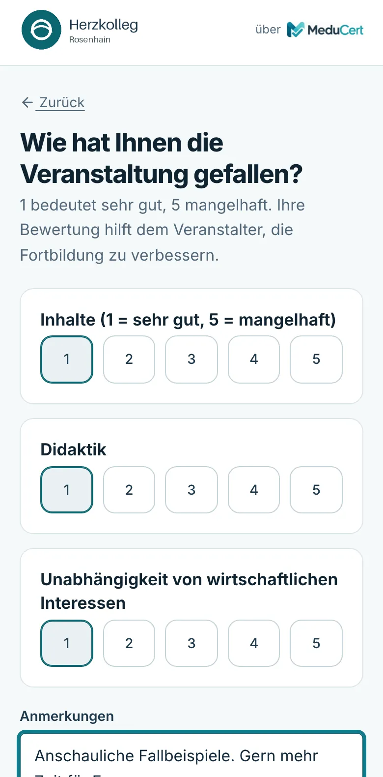 Bewertungsformular auf dem Smartphone