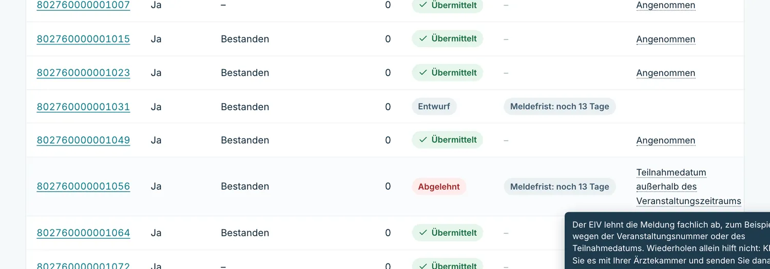 Liste der Meldungen mit der Spalte Rückmeldung des EIV und einer Erklärung beim Darüberfahren