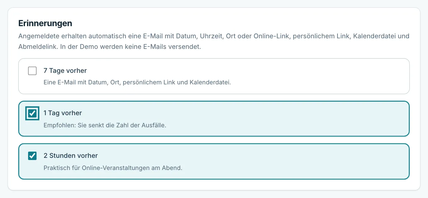 Einstellung der Erinnerungen mit drei Auswahlfeldern