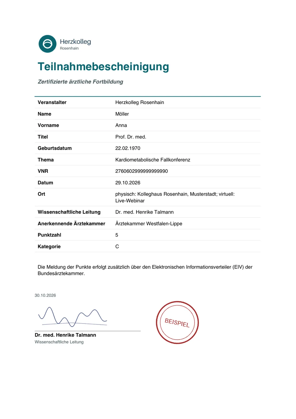 Teilnahmebescheinigung als PDF mit Logo, Unterschrift, Stempel und QR-Code