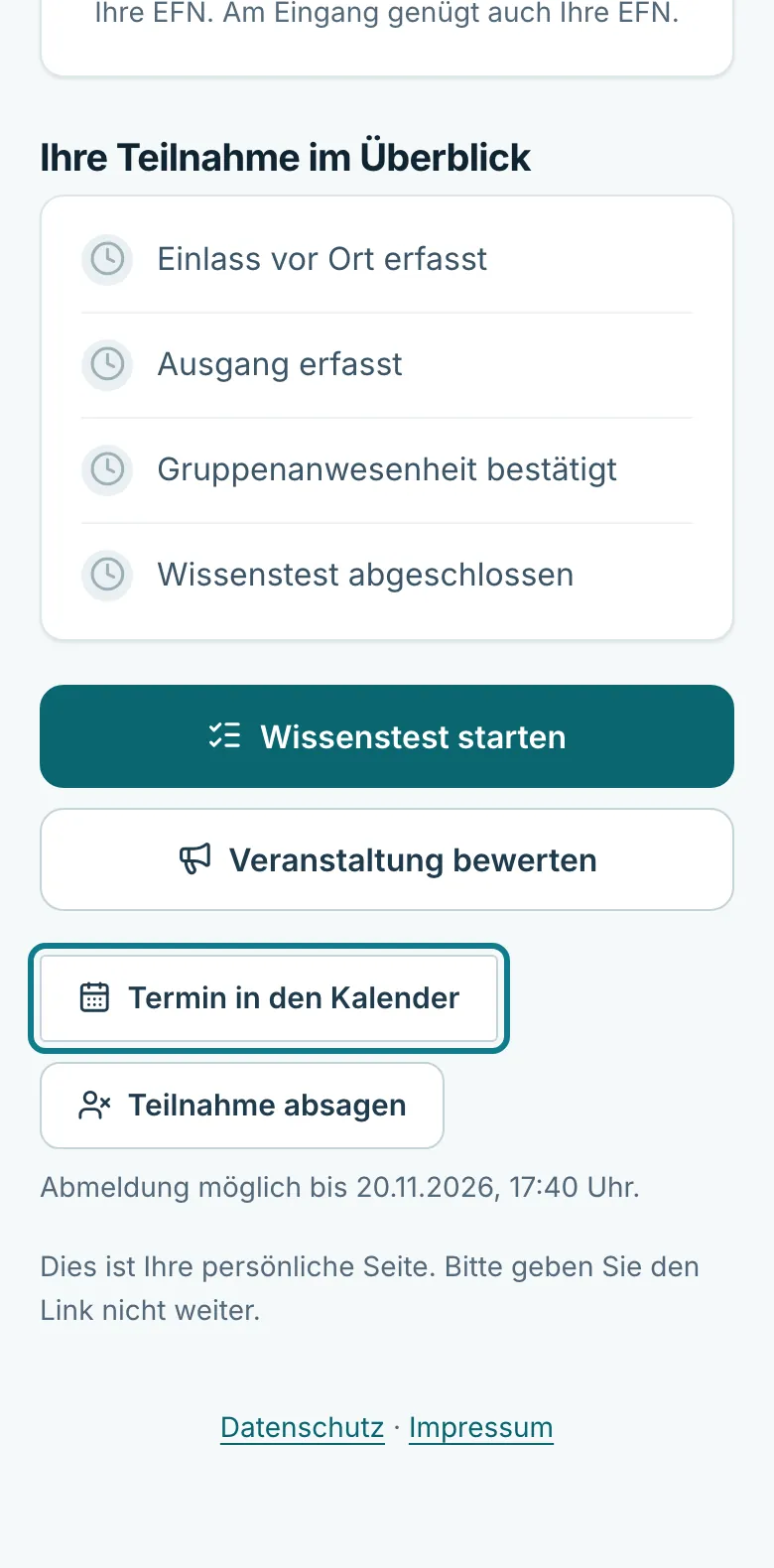 Persönliche Seite mit den Knöpfen Termin in den Kalender und Teilnahme absagen