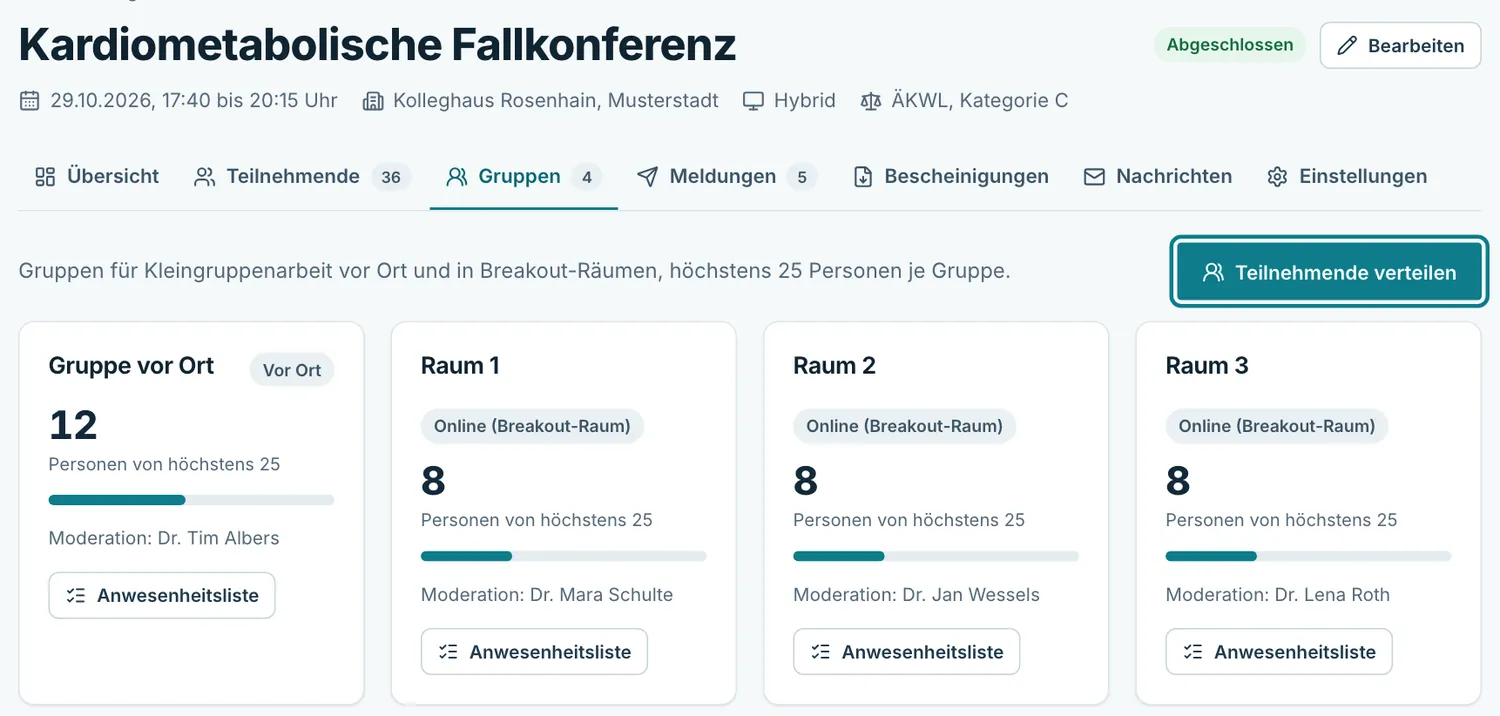 Reiter Gruppen mit vier Gruppenkarten, Personenzahl, Moderation und Knopf Teilnehmende verteilen