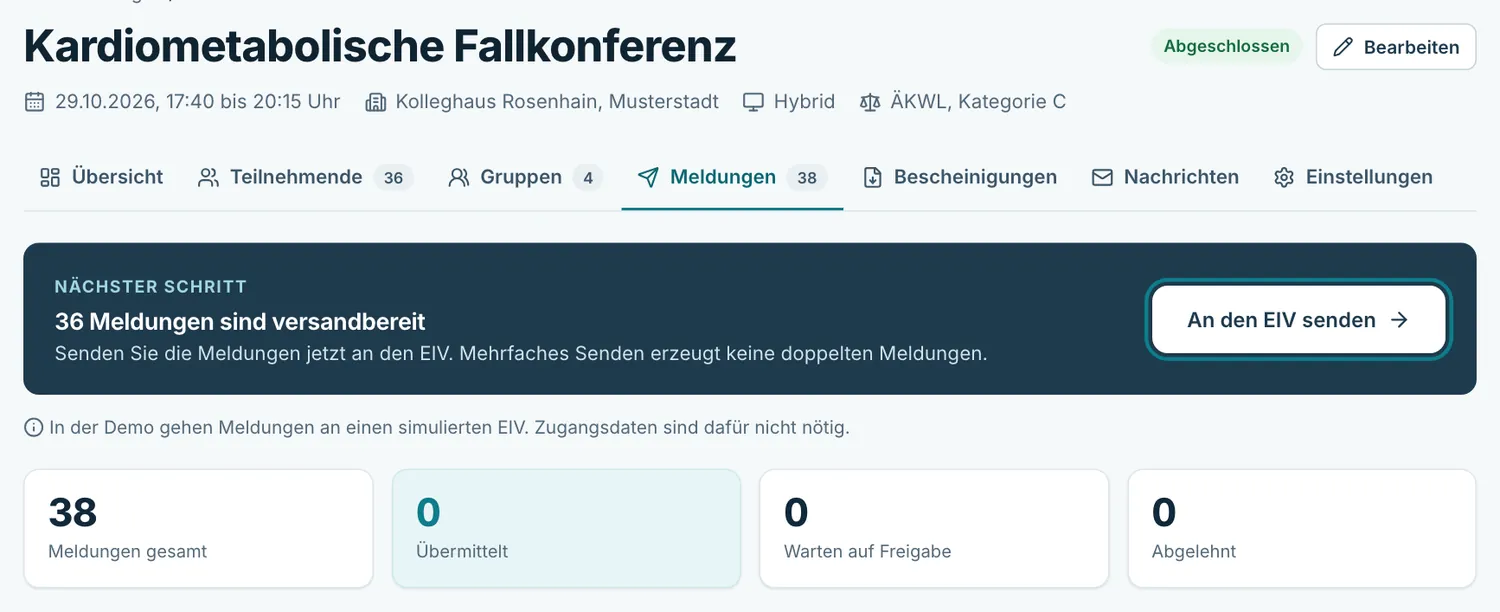 Meldungen-Seite mit den Knöpfen Aus Anwesenheit aktualisieren, Meldungen freigeben und An den EIV senden