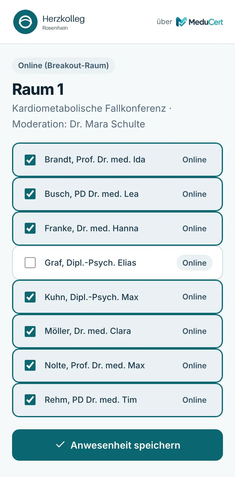 Anwesenheitsliste einer Gruppe auf dem Smartphone mit Namen und Kontrollkästchen