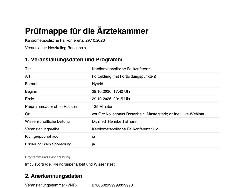 Erste Seite der Zusammenfassung als PDF mit Veranstaltungsdaten und Anerkennungsdaten