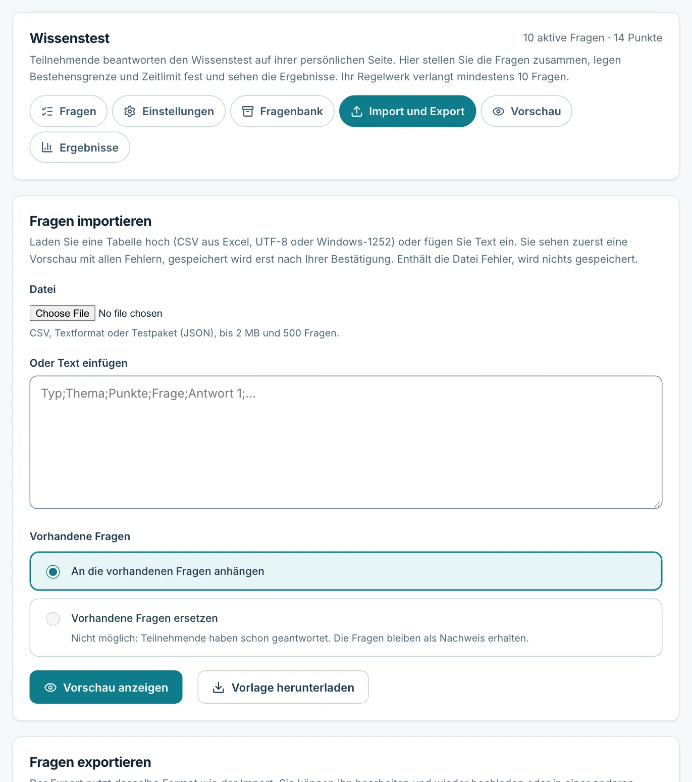 Seite Import und Export mit Vorlage, Upload und Spaltenbeschreibung