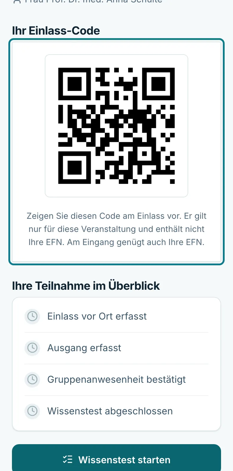 Persönliche Seite mit dem QR-Code für den Einlass auf dem Smartphone