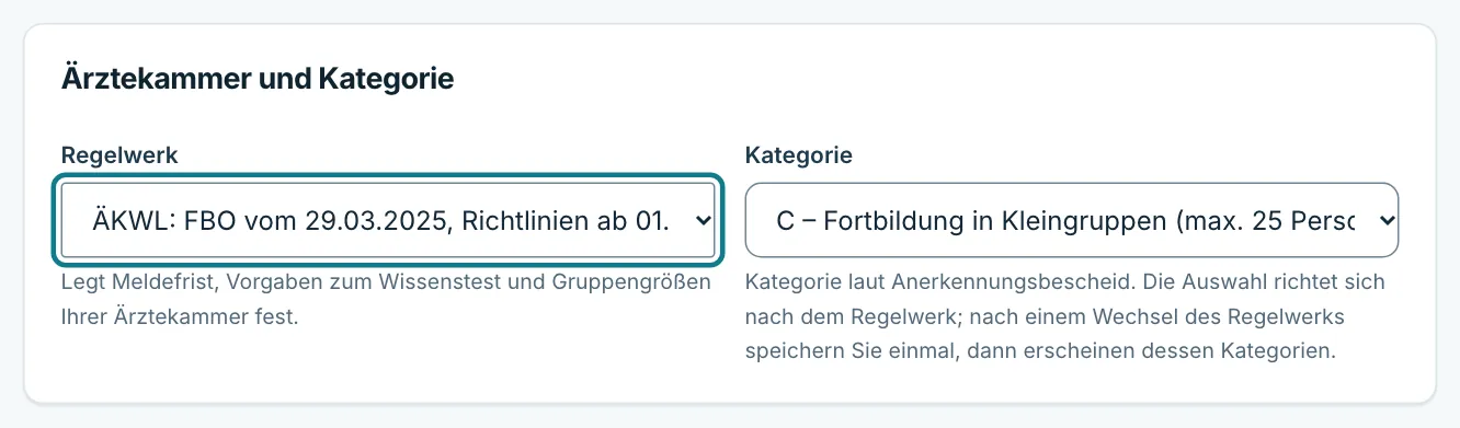 Bereich Ärztekammer und Kategorie mit Auswahl des Regelwerks und der Kategorie