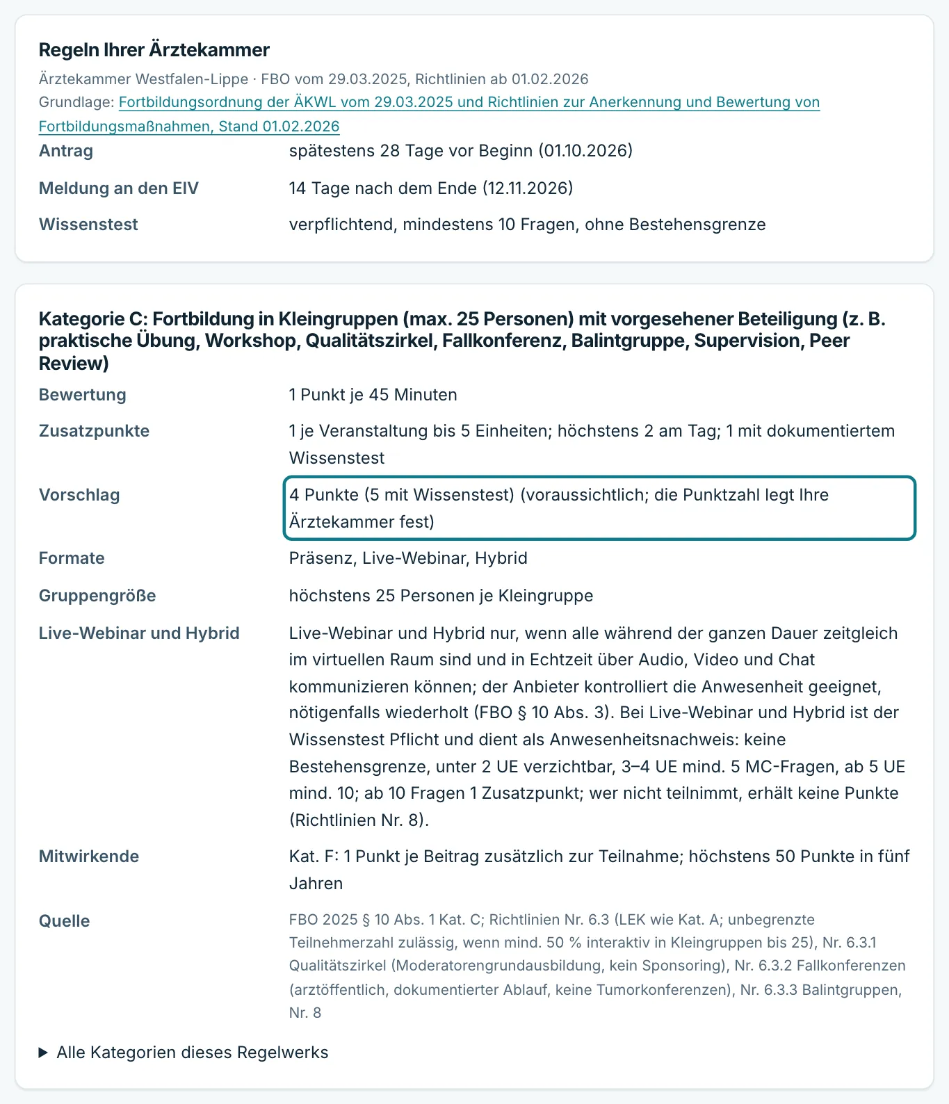 Bereich Regeln der Ärztekammer mit Fristen für Antrag und Meldung, Vorgaben zum Wissenstest und den Regeln der Kategorie C mit Punktevorschlag