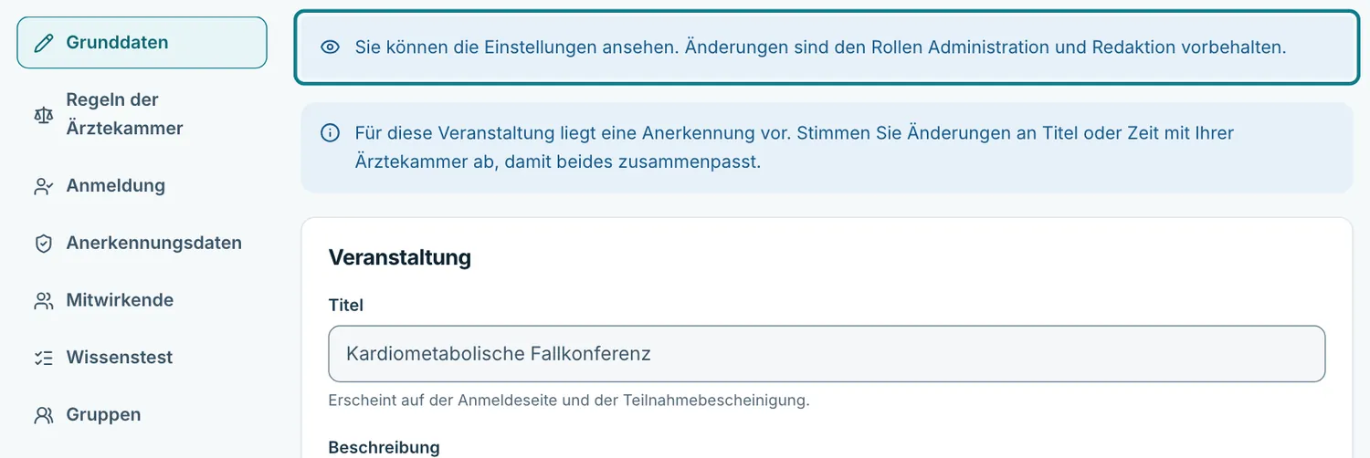 Einstellungen einer Veranstaltung mit Hinweis, dass Änderungen bei Administration und Redaktion liegen
