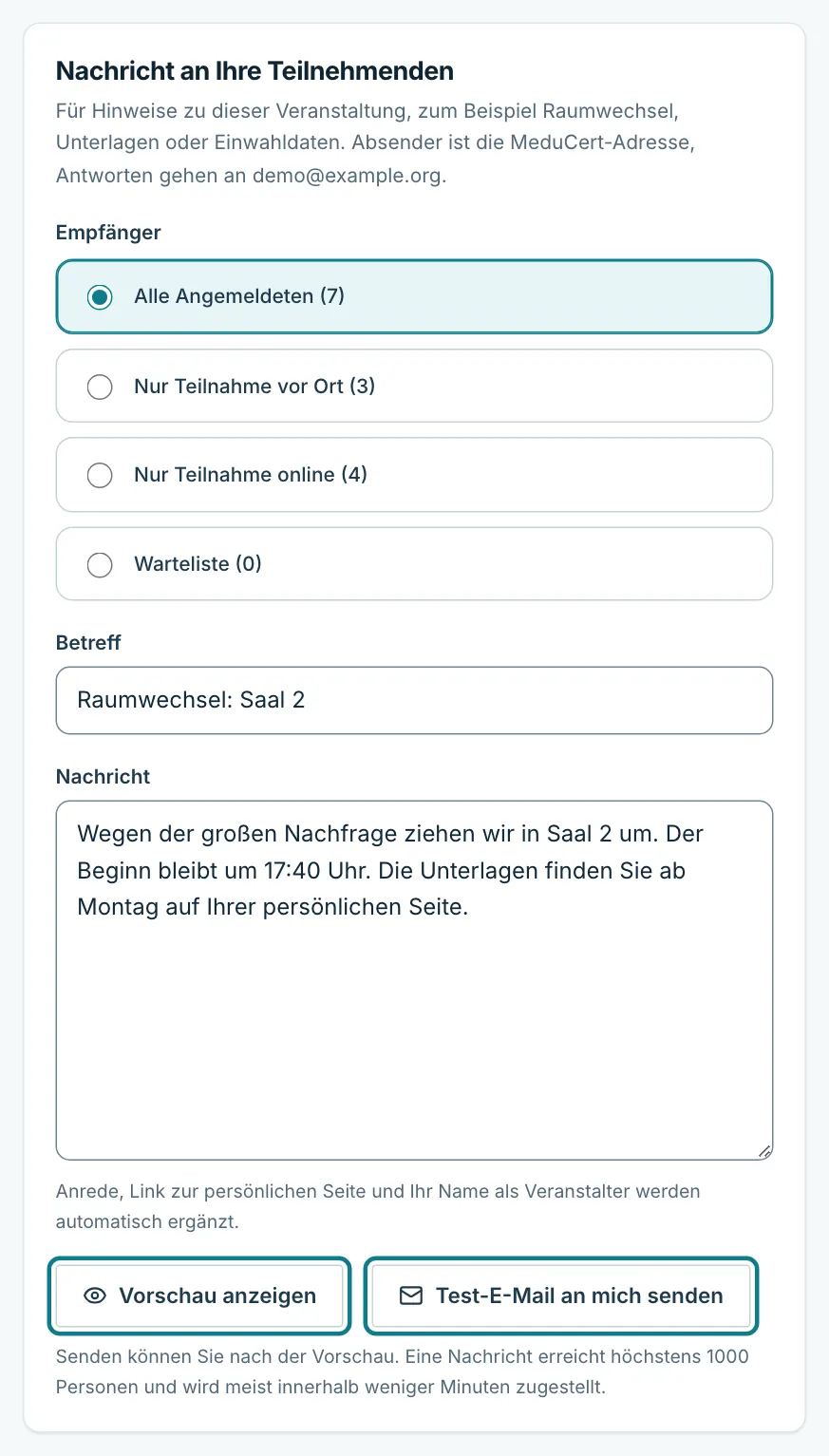 Formular für eine Nachricht mit Empfängerauswahl, Betreff und Text