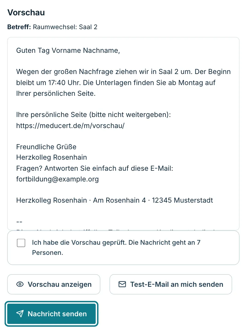 Vorschau der Nachricht mit Bestätigungsfeld und Knopf Nachricht senden