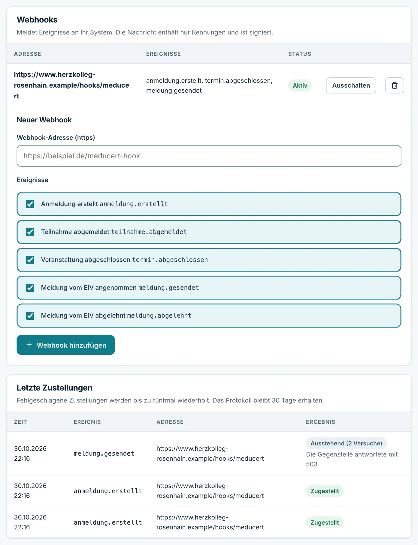 Bereich Webhooks mit Adresse, Ereignissen und den letzten Zustellungen