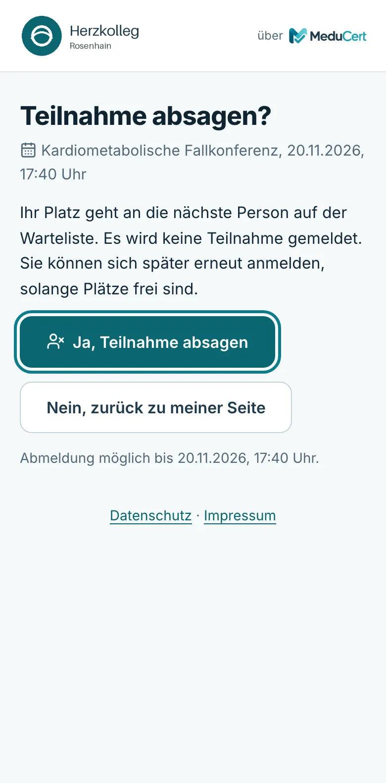 Seite Teilnahme absagen mit Bestätigungsknopf auf dem Smartphone