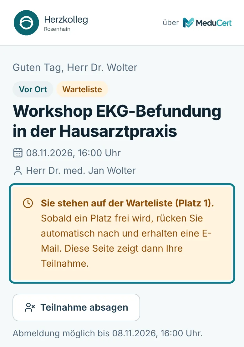 Persönliche Seite mit dem Hinweis Sie stehen auf der Warteliste