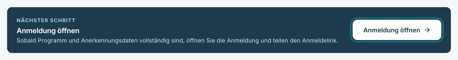 Bereich Nächster Schritt mit dem Knopf Anmeldung öffnen