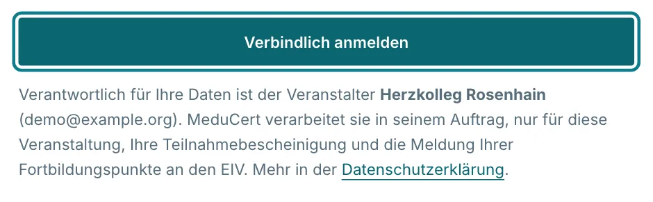 Anmeldeformular mit Datenschutzhinweis unter dem Knopf Verbindlich anmelden