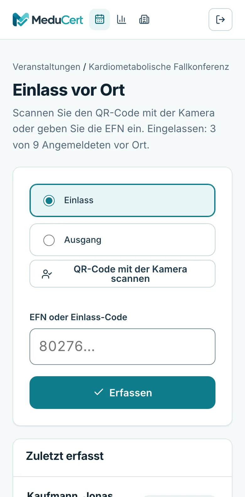 Einlass-Seite auf dem Smartphone