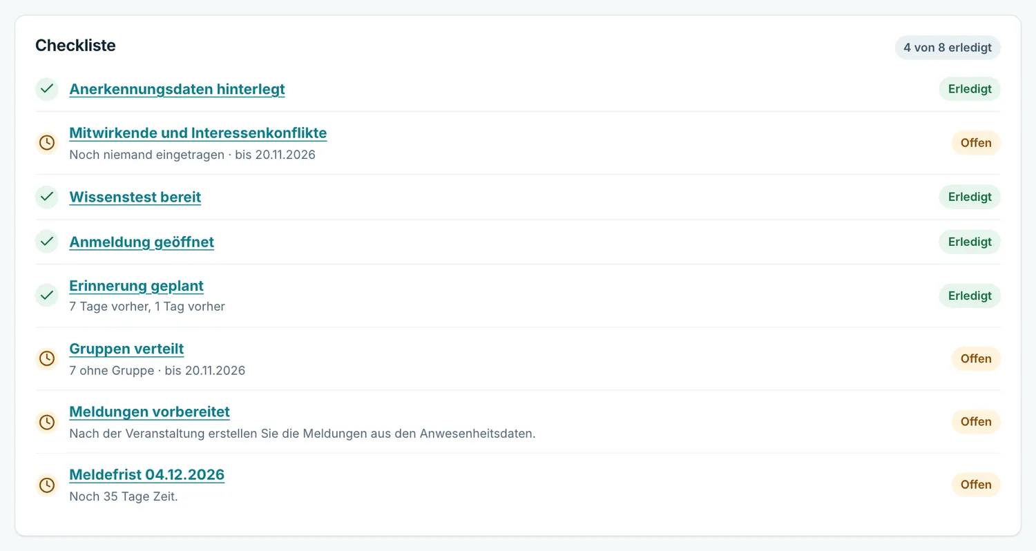 Checkliste mit erledigten, offenen und überfälligen Punkten