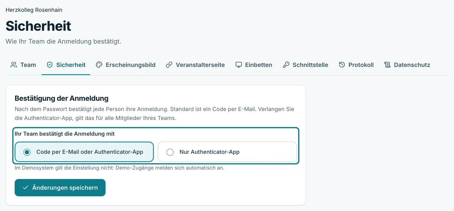 Seite Sicherheit mit den Optionen Code per E-Mail oder Authenticator-App und nur Authenticator-App