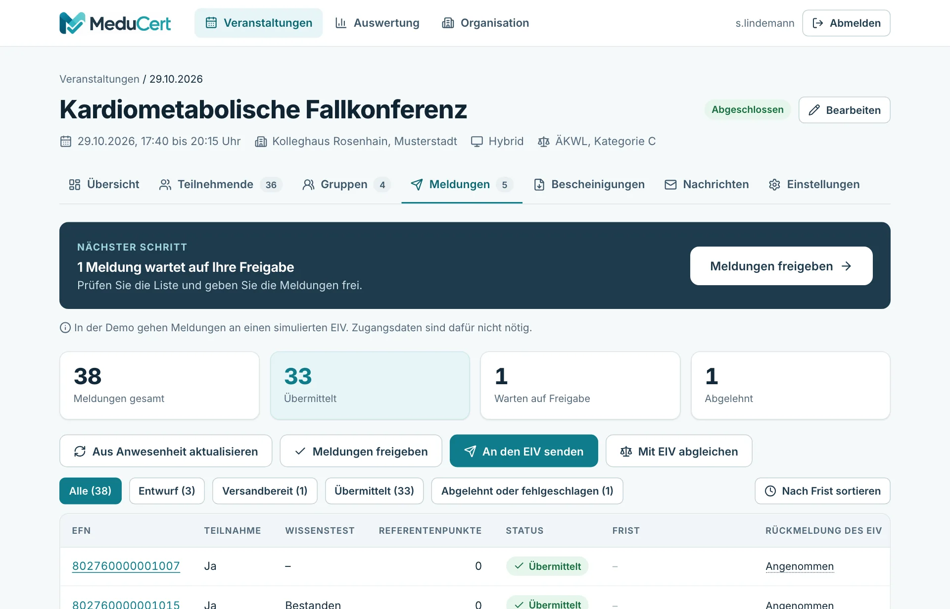 Meldungen an die Bundesärztekammer mit Bearbeitungsstand je Person