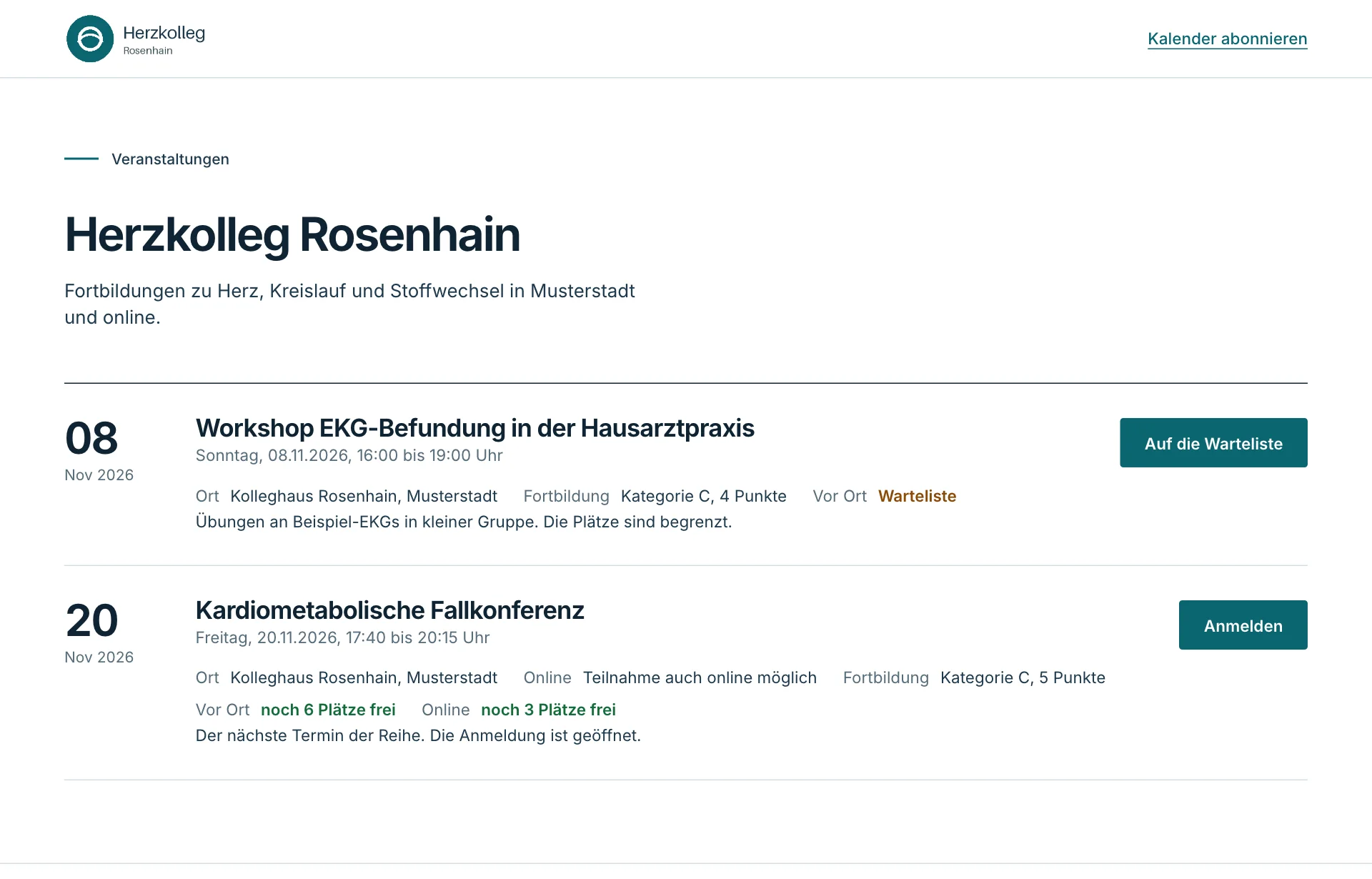 Öffentliche Veranstalterseite mit Logo und kommenden Veranstaltungen
