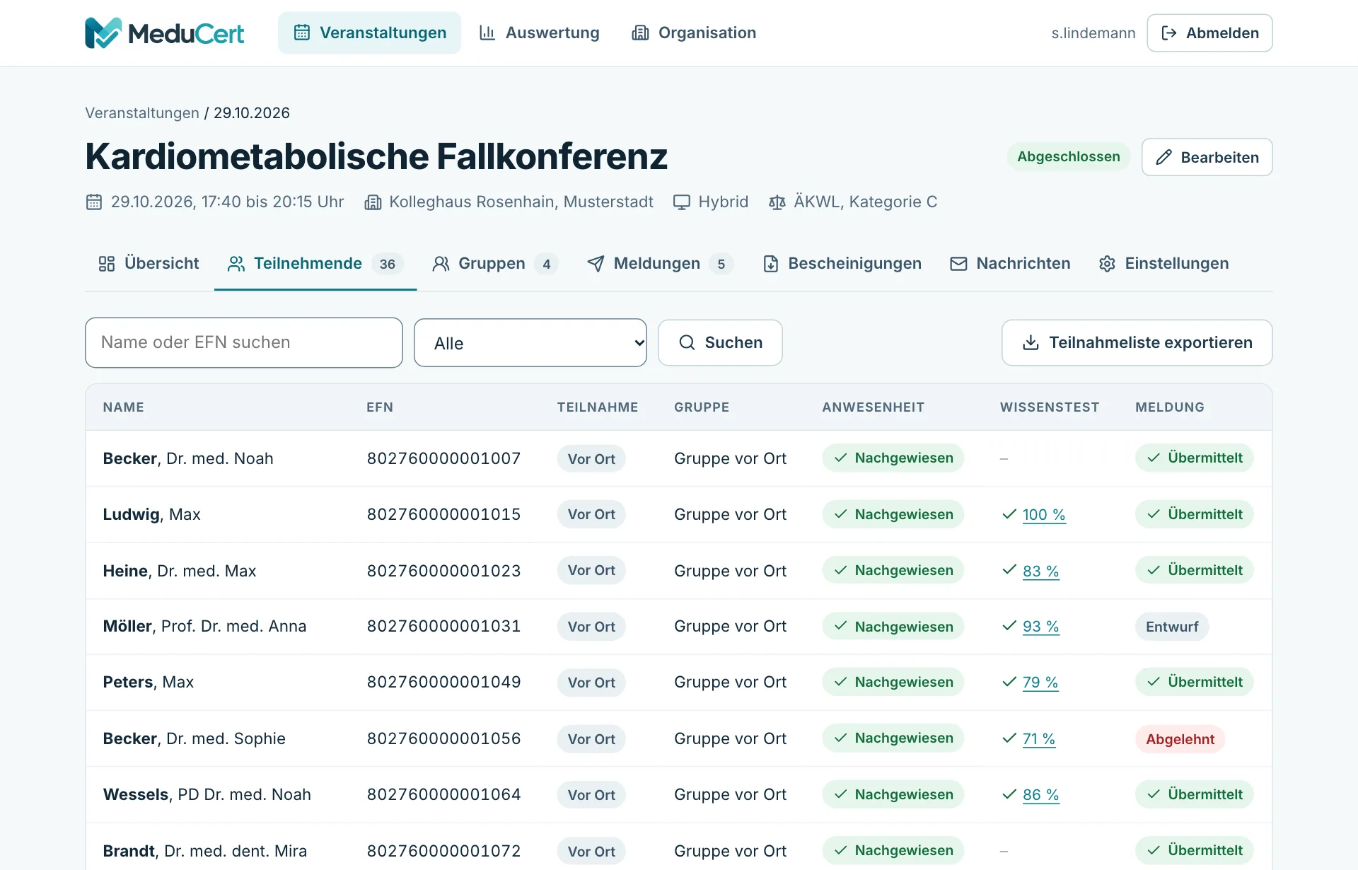 Liste der Teilnehmenden mit Anwesenheits- und Teststatus