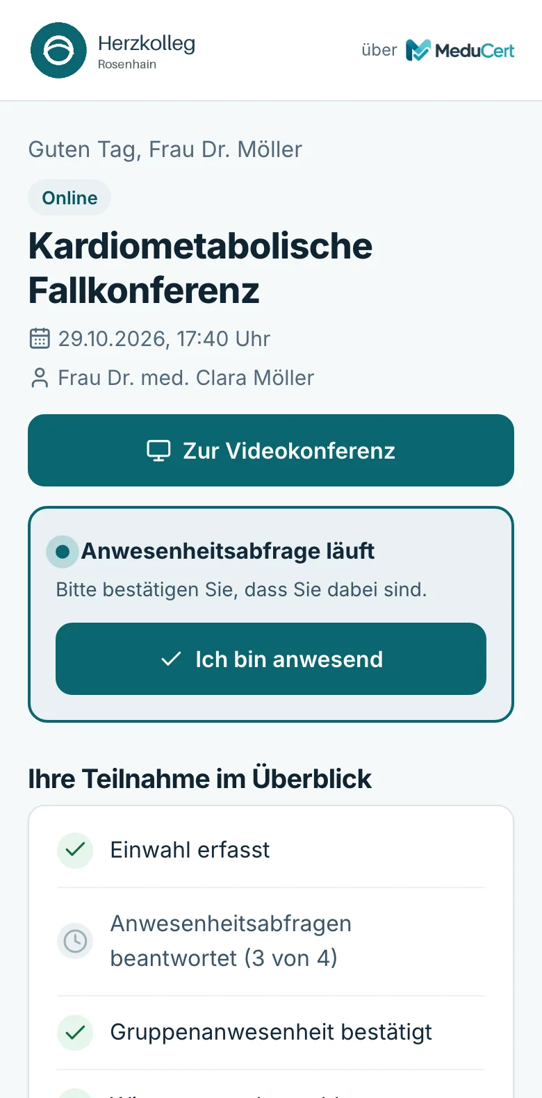 Persönliche Seite mit laufender Anwesenheitsabfrage