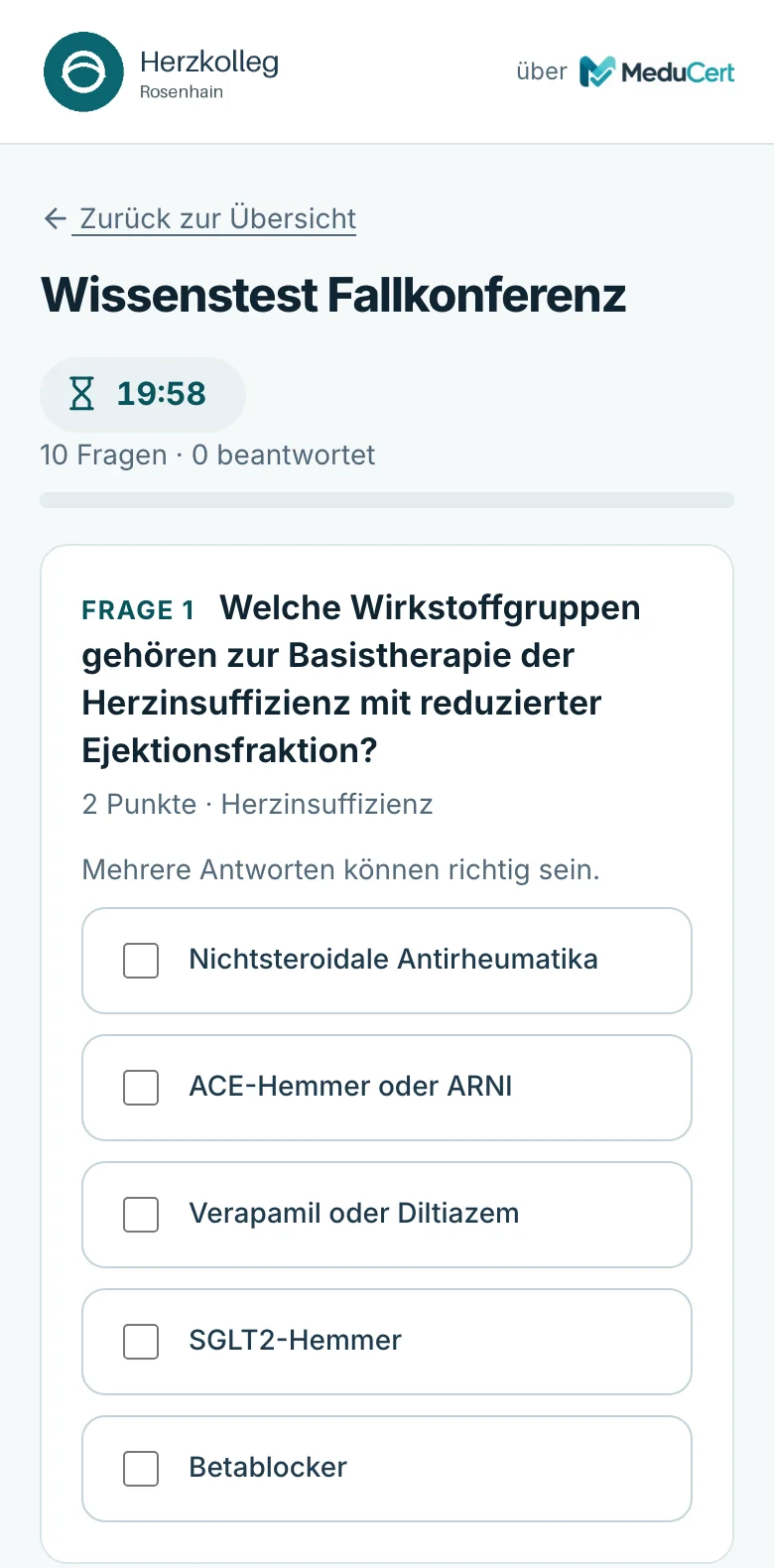 Wissenstest mit Mehrfachauswahl und Zahlenfrage auf dem Smartphone